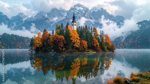 Colorful autumn trees reflection in a still lake surrounded by mountains and forest