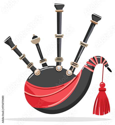 Traditional bagpipe instrument with red tassel and plaid accents, a festive musical symbol