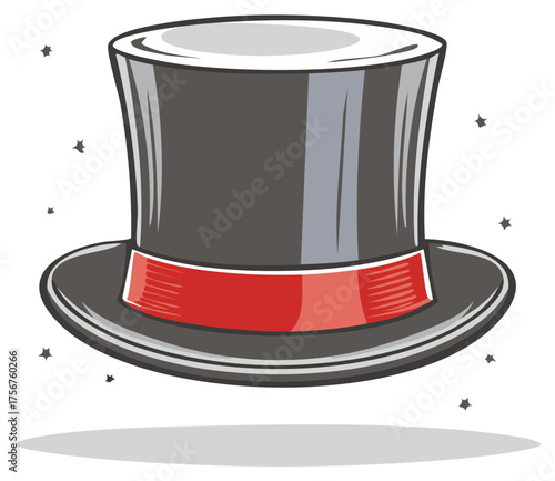 Classic black magician top hat with red ribbon floating with sparkles