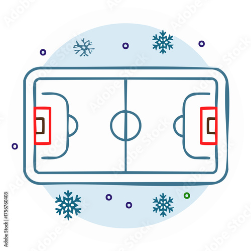 Hand drawn illustration of a hockey rink with snowflakes and circles signifying winter and sport