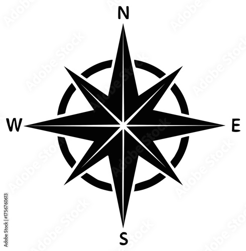 Simple Compass Rose Illustration Classic Navigation Instrument Directions Black and White