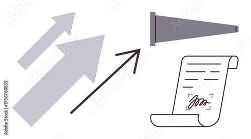 Arrows indicating growth, telescope symbolizing vision and foresight, and signed contract for collaboration. Ideal for business growth, strategy, innovation, planning, foresight, partnerships simple