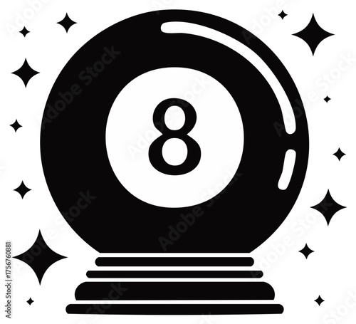 Mystical eight ball icon, fortune teller crystal ball, predicting the future black and white.
