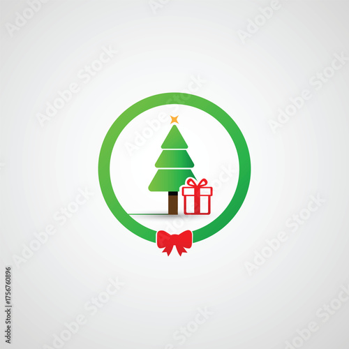 Christmas Tree and Gift Box in a Festive Green Circle Icon