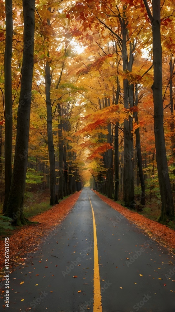 Obraz premium road in autumn forest , An empty road lined with colorful fall trees, showcasing vibrant autumn foliage on a clear day.