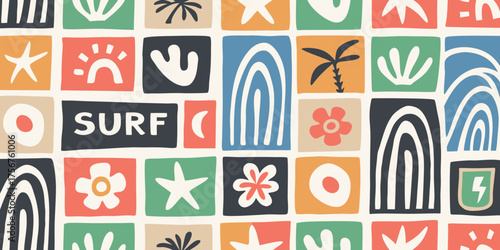 Retro mid century modern abstract tropical beach pattern with surf text and sun elements