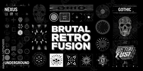 Brutal retro fusion nexus gothic underground design elements and textures collection