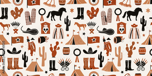 Whimsical western pattern with horses cowboys boots cacti and tents in earthy tones