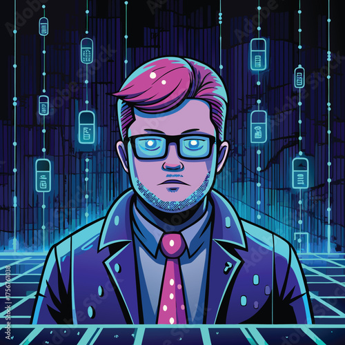 Cyberpunk trader with neon neural implants hacking futuristic digital grid stock