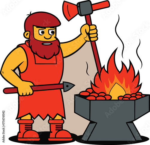 Cyclops blacksmith forging red hot candlesticks in volcanic forge artistic rendering