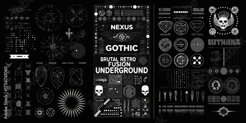 Abstract dark gothic retro fusion underground design elements and symbols with skulls and geometric patterns