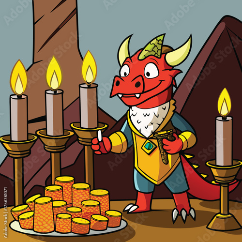 Cute dragon character decorating hoard with glowing gold candlesticks in a cave