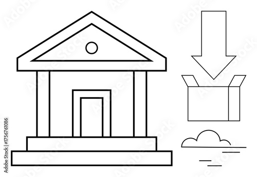 Bank building alongside arrow and box imagery illustrating finance, savings, transfer, deposit, storage, cloud services, and abstract banking systems. Ideal for fintech, education transactions