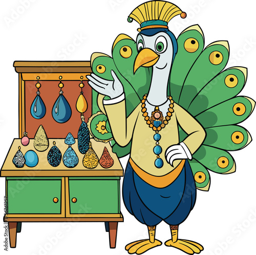 Whimsical peacock trader showcasing vibrant iridescent tail feathers and jewelry stand