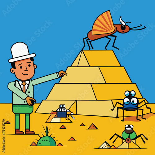 Pharaoh trader overseeing pyramid scheme construction with cartoon characters ancient egypt