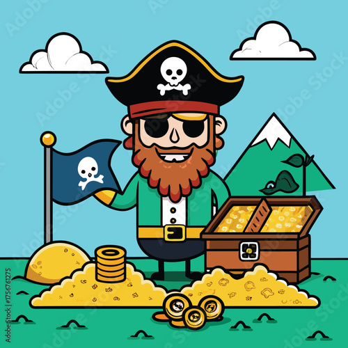 Pirate stock exchange adventure on treasure island with gold doubloons and jolly roger flag