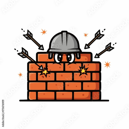 A cartoon brick wall wearing a hard hat, dodging arrows, with surprised eyes.