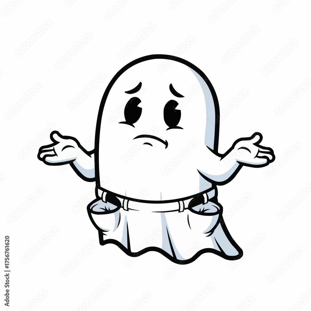 Naklejka premium A cartoon ghost shrugs with a confused expression, wearing denim pants.