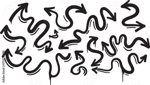 Hand drawn arrows collection diverse styles directional symbols grunge brushstrokes abstract shapes set vector