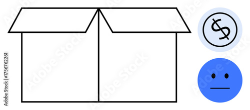Open box, dollar sign in circle, and neutral face represent financial decisions, budgeting, value concerns, emotional neutrality, choices, trade-offs inventory management. Ideal for concepts thumbs