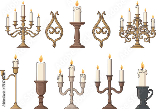 Ten candle holders with unique designs, ornate candelabras, wall mounts, pedestal styles, lit candles, interior decor reference, vintage lighting illustration