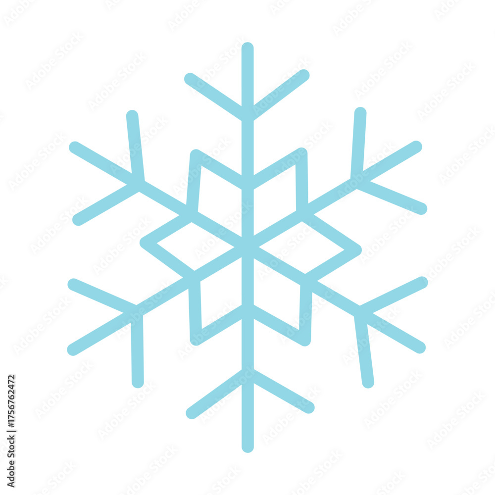 Fototapeta premium Simple light blue snowflake symbol in soft flat style on white background.