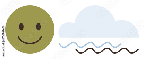 Green smiling face and light blue cloud above flowing waves represent happiness, nature, calmness, and harmony. Ideal for wellness, positivity, mental health, environment, mindfulness relaxation