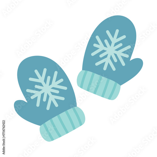 Blue winter mittens with snowflake pattern in soft flat style on white background.