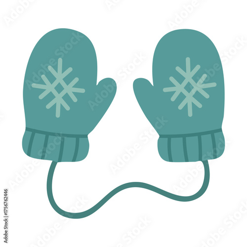 Teal winter mittens connected with string, decorated with snowflakes, soft flat illustration on white background.
