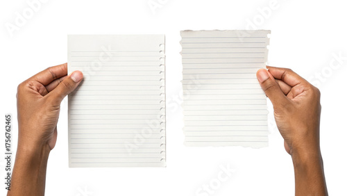 Hands holding two pieces of torn paper isolated on transparent background