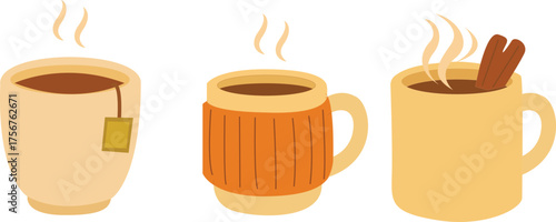 Cozy autumn mugs with hot drinks warm fall coffee and tea cup vector set