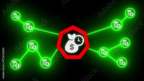 Network of Money Bags and Coins Connected by green Neon Lines on Black Background finance connection