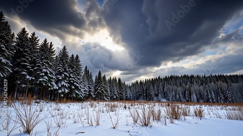 Majestic Snow-Covered Forest Under Dramatic Cloud-Filled Sky Captured in Stunning Winter Landscape with Dense Pine Trees and Vast Open Field