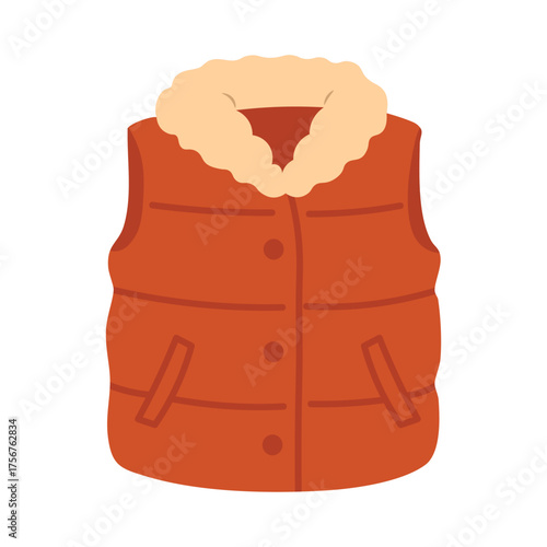Orange sleeveless winter vest with warm collar in soft flat style on white background.