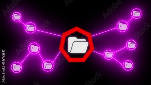 Glowing neon file folder sign.Neon Lines on Black Background file connection,