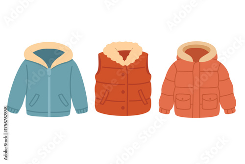 Set of three warm winter jackets and vest in soft flat style on white background.