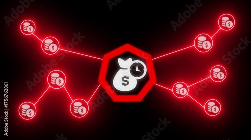 Network of Money Bags and Coins Connected by red Neon Lines on Black Background finance connection