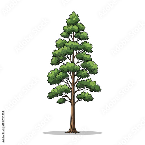 Isolated evergreen tree with green foliage and brown trunk on white background.
