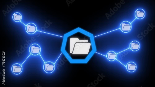 Glowing neon file folder sign.Neon Lines on Black Background file connection,