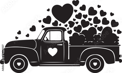 Vector art of vintage pickup truck silhouette filled with hearts