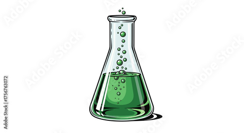 Erlenmeyer flask containing green liquid with bubbles on a white background.
