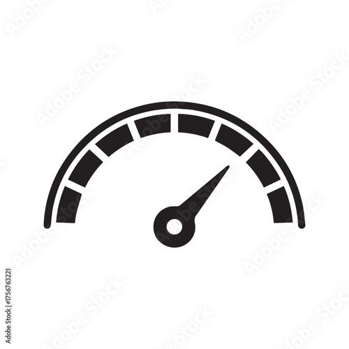 Speedometer icon, performance gauge symbol. Fast speed measurement indicator for dashboard. Simple black vector graphic isolated on white background.
