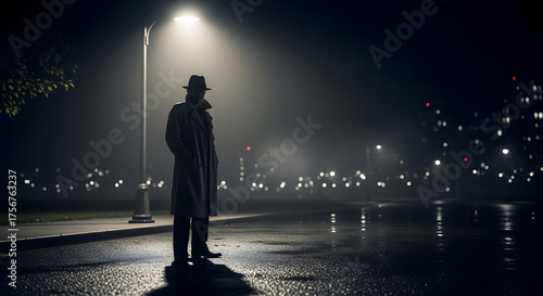 A mysterious man in a trench coat and fedora stands alone under a glowing streetlamp on a wet, foggy night, with blurred city lights in the distance.