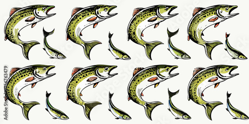 Pattern of leaping trout fish and smaller fish swimming in a repeating design
