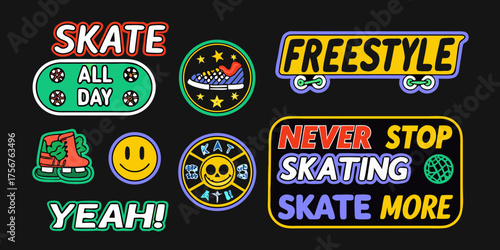 Collection of vibrant and fun skateboarding and freestyle skating stickers with motivational phrases