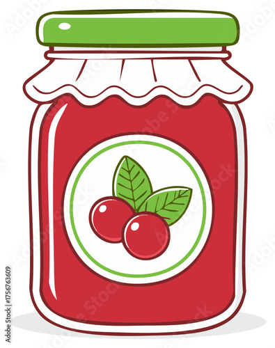 Cartoon Fruit Jam in Glass Jar with Green Lid and Cherry Label Tasty Sweet Illustration
