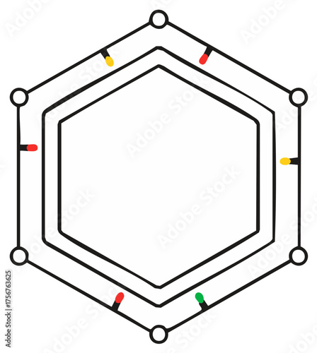 Hexagonal frame with string lights glowing red yellow and green illuminating interior space