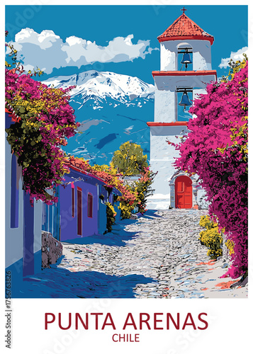 Enchanting Streetscape in Punta Arenas, Chile, Showcasing Charming Architecture and Mountain Views—Perfect for Cultural Travel and Serene Escapes
