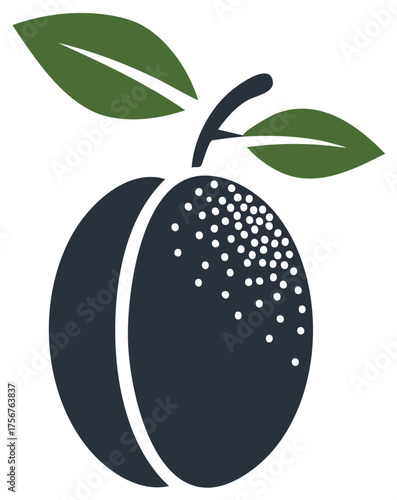Stylized dark fruit illustration with green leaves and unique dotted pattern design
