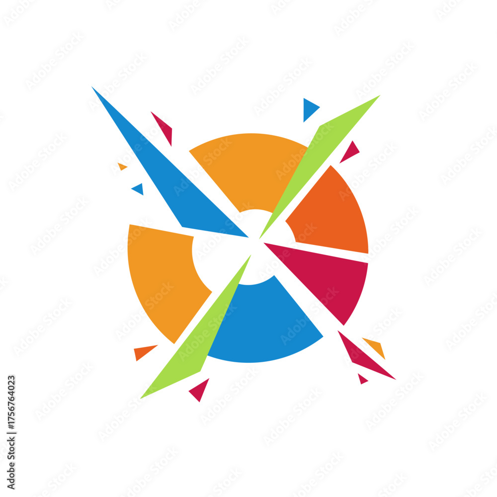 Obraz premium A vibrant abstract logo showcasing an exploding or fragmented circular design with sharp, colorful geometric shapes radiating outwards, symbolizing dynamism and innovation.